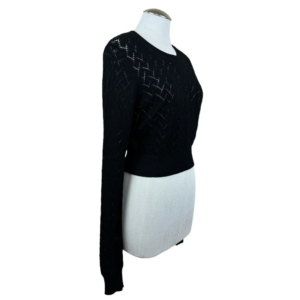 GREY Jason Wu Women's Sweater Large Black Open Knit Long Sleeve Cropped‎ Top